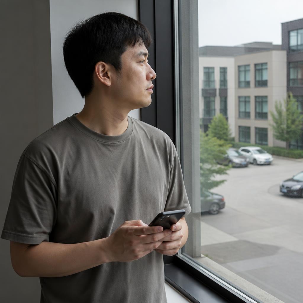 Eine Person steht am Fenster ihrer Wohnung und tippt auf dem Handy.