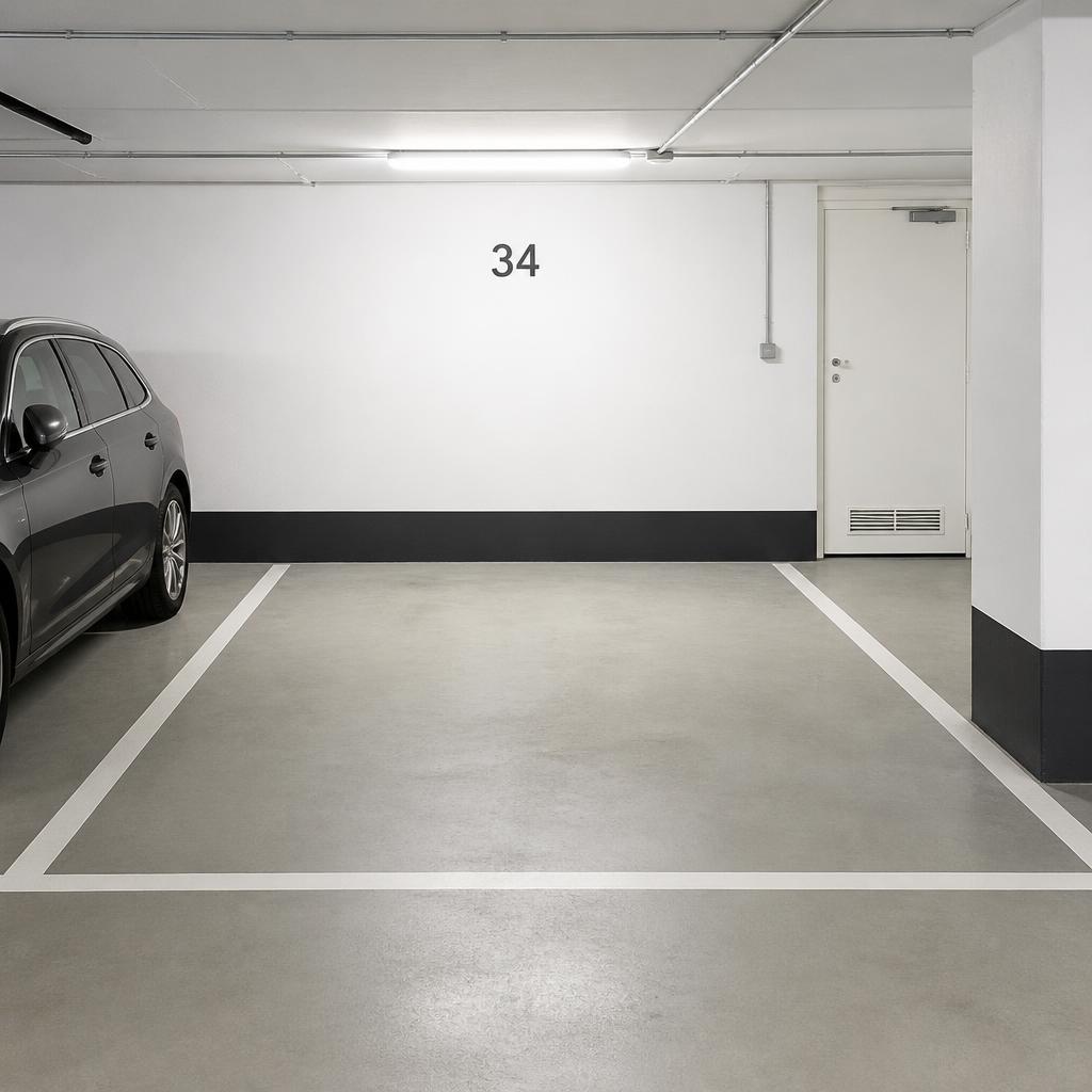 Ein einzelner freier, nummerierter Stellplatz in einer Tiefgarage.